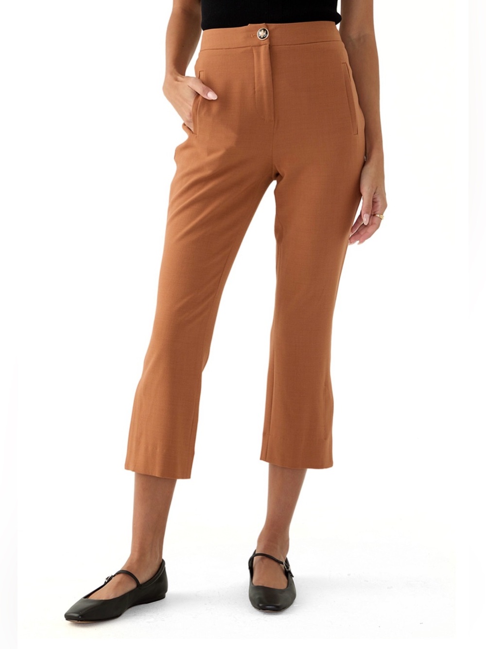 CECE Petite Slim Cropped High-Rise Pants in Warm Walnut.